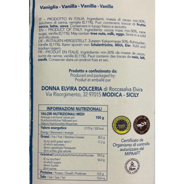 Modica IGP chocolate vanilla flavor, tablet 70 gr - Donna Elvira